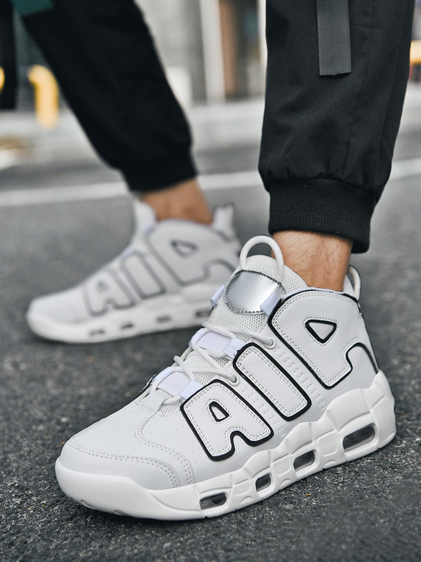 Men'S Casual High-Top Sneakers, Air Cushioned Design Basketball Shoes, Trendy Fit, PU Leather Upper, Rubber Sole, All Seasons, Medium Width, Above Ankle