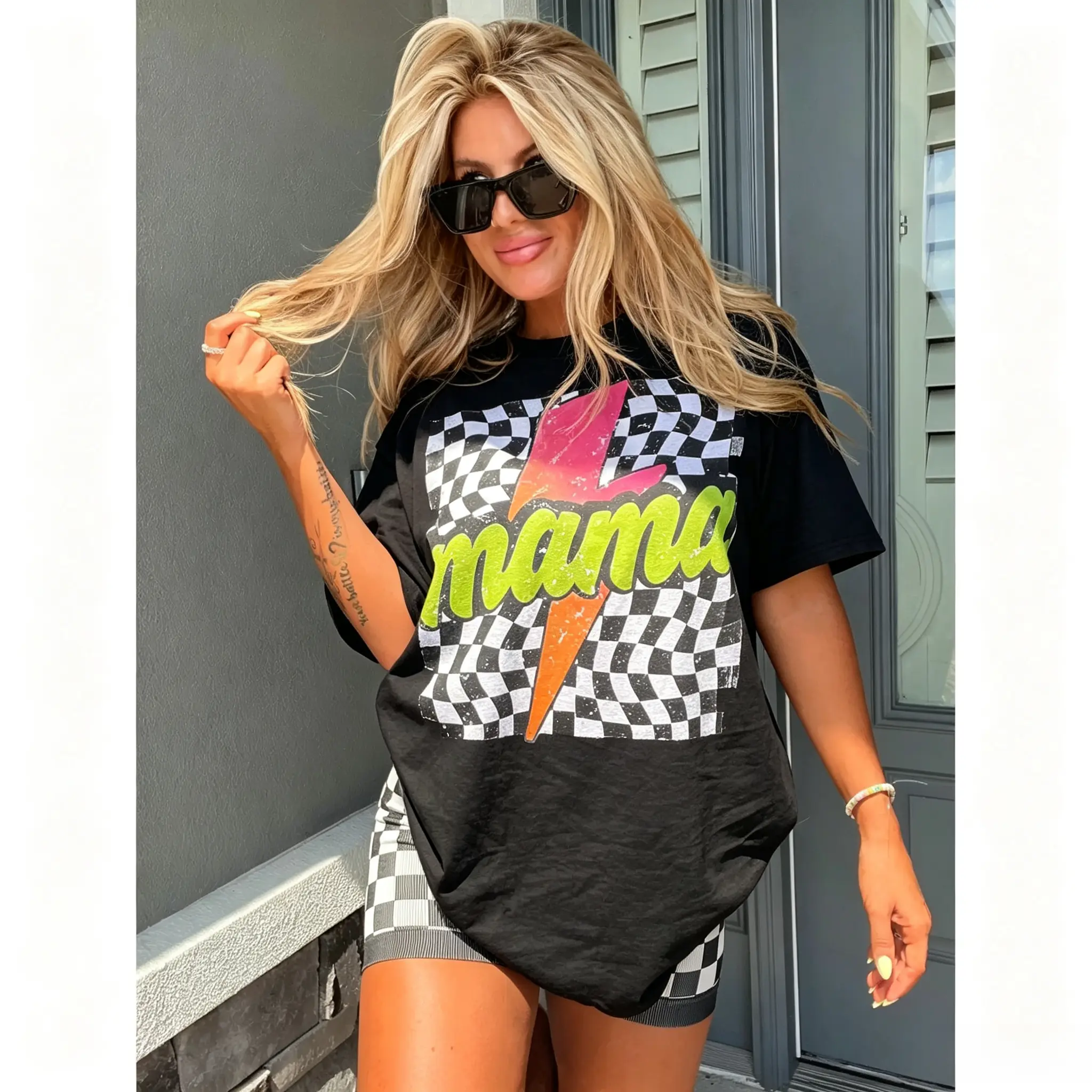 Women's Oversized Breathable Cotton Short-Sleeve Tee with Neon Mama Checkered Bolt Graphic Print - Retro, Distressed, Casual Streetwear Women's Clothes Top