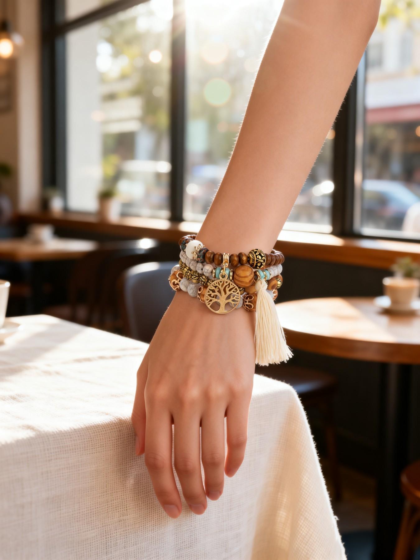 Boho Tree of Life Beaded Bangles Bracelets Set for Women - Multilayer Stackable Bohemian Jewelry with Tassel, Perfect for Black Girl Style & Festival Fashion