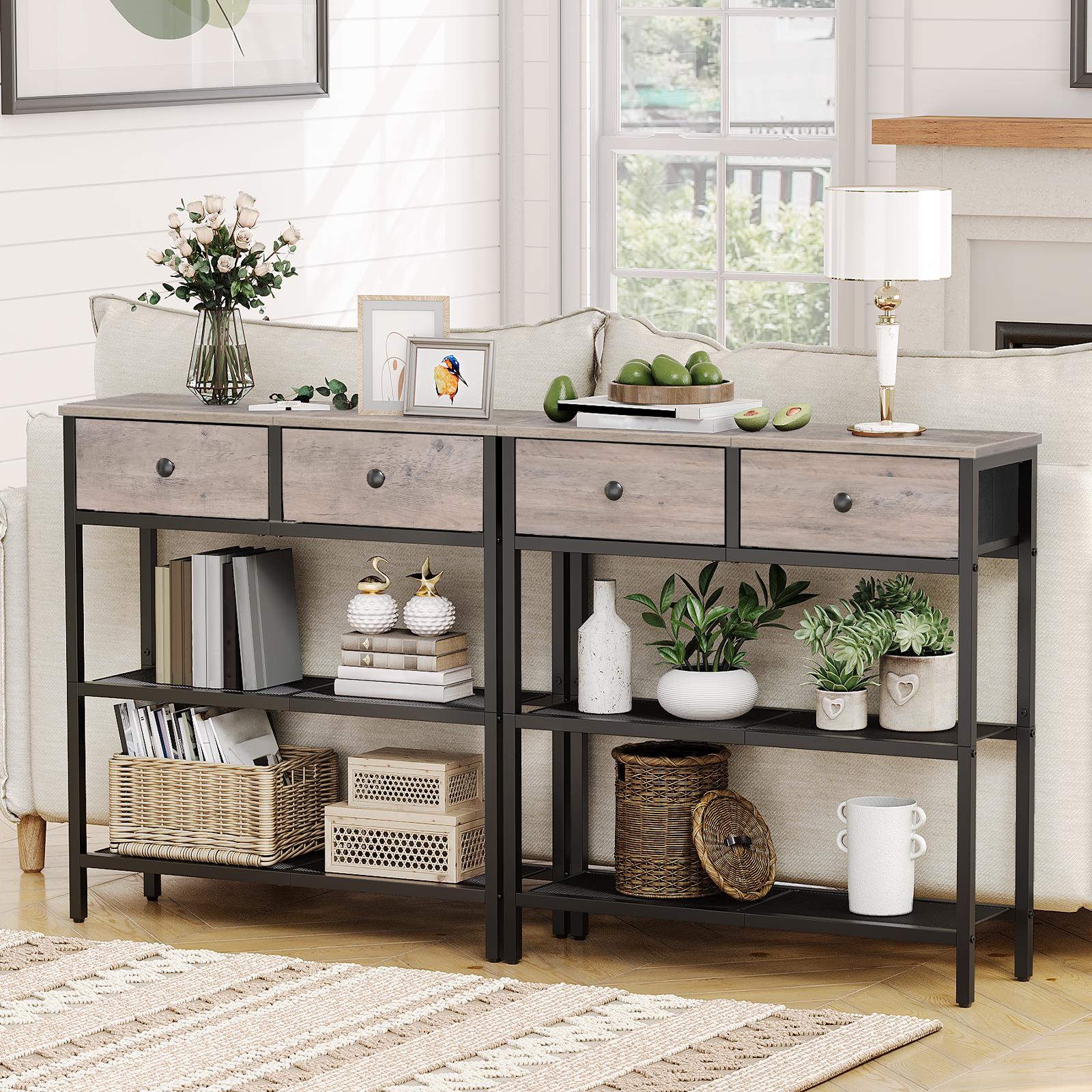 HOOBRO 29.5" Narrow Console Table with 2 Fabric Drawers, Modern 3-Tier Storage Shelves, Organizing Side Table, for Hallway, Grey & Black - Furniture