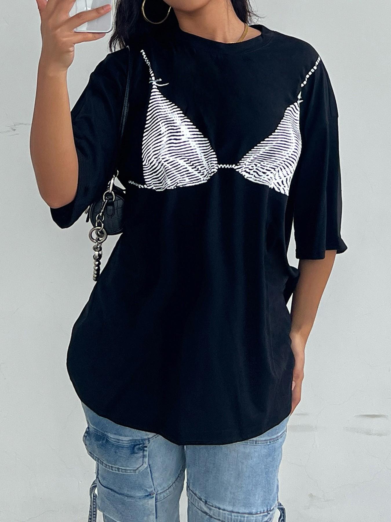 Women's Round Neck Graphic Tee, Casual Drop Shoulder Half Sleeve T-shirt for Daily Wear, Ladies Clothes for All Seasons