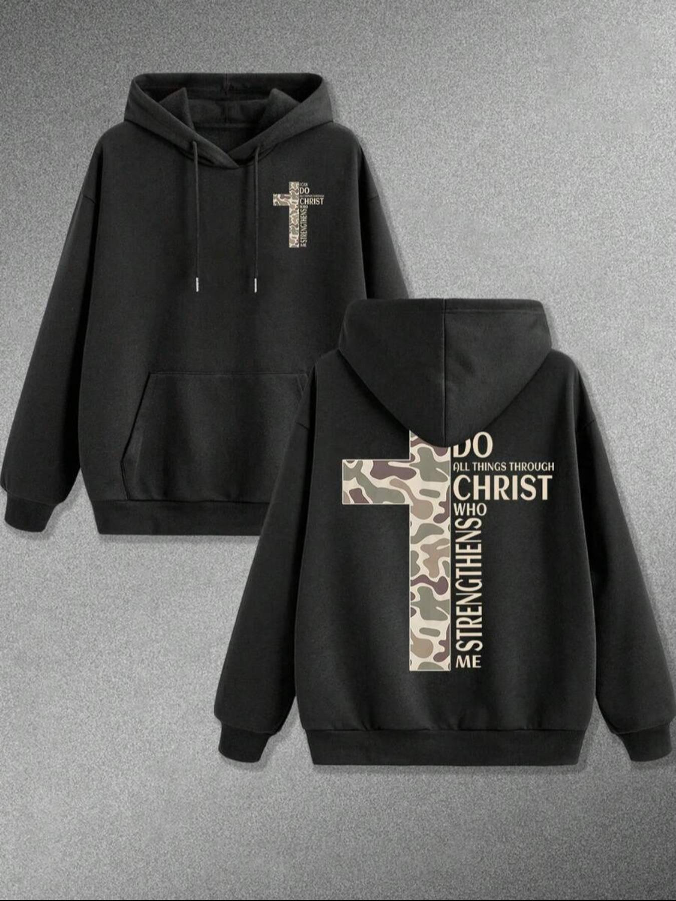 TikTok Trending Christian - Themed Hoodie, Black Style with Camouflage Cross and "I Do All Things Through Christ Who Strengthens Me" Graphic Print,  Ideal for Faith - Inspired Outfits During TikTok Shop Black  Friday Sales and Christmas Gift Ideas
