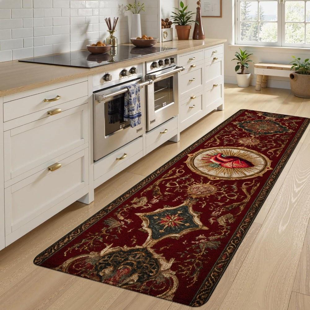 1PC， Wine - red Carpet with Heart Pattern strip rugs, home décor, bathroom mats, entryway mats, bathroom non-slip mats, indoor entrance rugs, bedroom bedside mats, kitchen mats, hallway rugs, flannel sponge rugs, hallway runner rugs