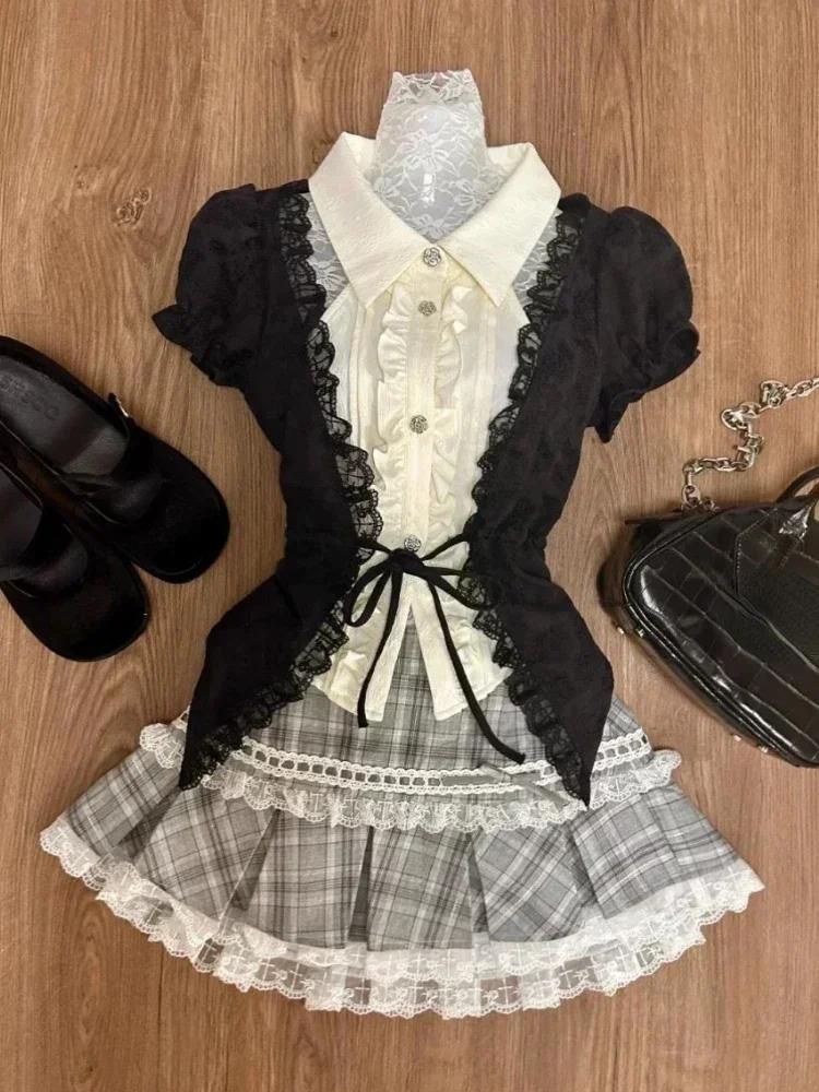 Japanese Sweet Preppy Style Skirt Set Women Kawaii Lace Patchwork Bow Tops +   Plaid Mini Skirt Elegant Outifits 2 Piece Set