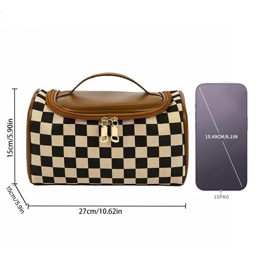 Checkerboard Pattern Makeup Bag with BottomStuds,Fashionable Cosmetic Storage Bag, CasualVersatile Zipper Makeup Organizer Pouch forWomen & Girls