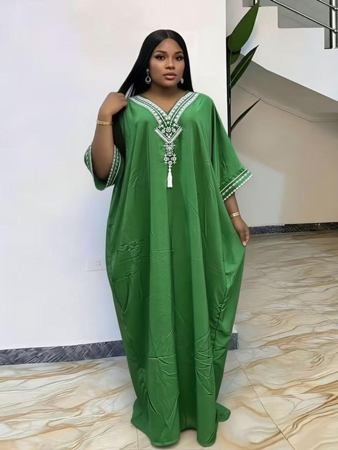 Women's Summer Solid Color Embroidered Fringe Caftan Casual Wear Dress with Pockets and Side Slit