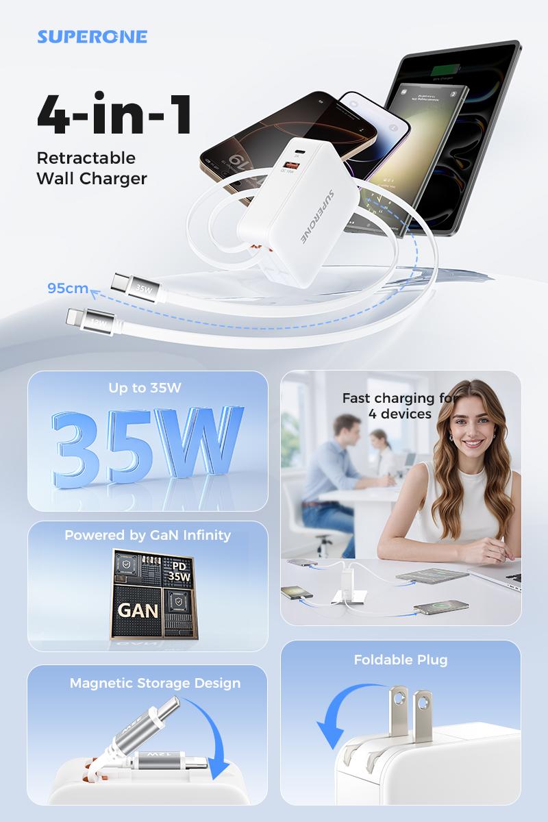 SUPERONE 4-in-1 Retractable Phone Chargers with Dual Cables 62W PD 35W Fast Charging for iPhone Samsung Tablets TikTokShopHolidayHaul gift Cellphone Device Electronic Smartphone Automatic Usb Digital