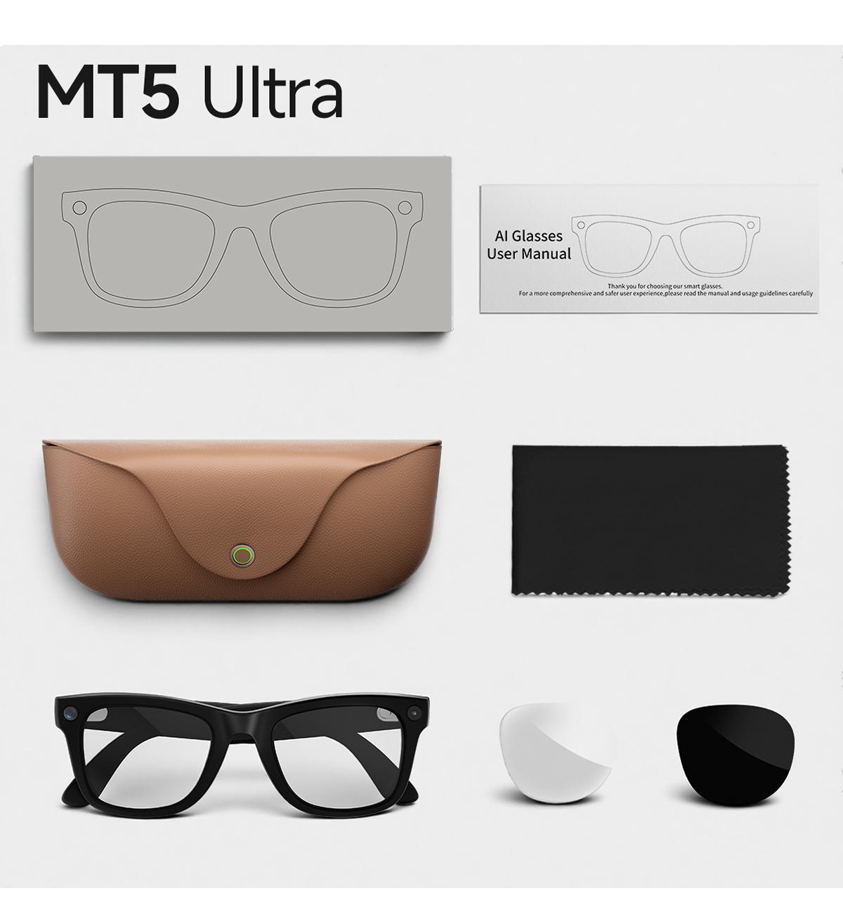 New Mt5 Ultra Ai Smart Glasses, 8mp HD Camera, Voice Recording, Real-Time Translation, Bluetooth-compatible Call, 300mah Battery, 2000mah Charger, Unisex