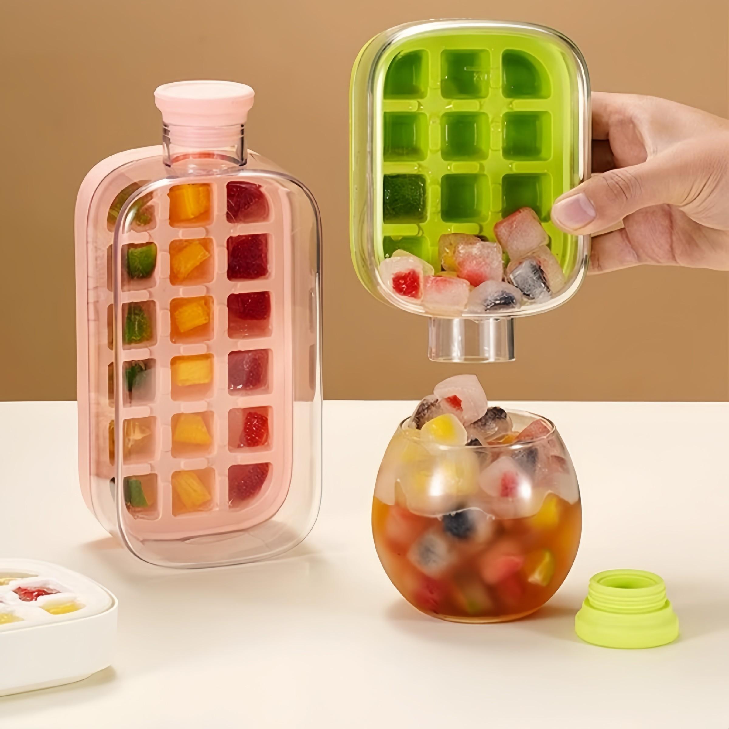 2-in-1 Press Ice Cube Tray with Ice Bucket, Portable Ice Maker Bottle, One-Step Easy Release No-Touch Ice Mold Food Grade BPA-Free Quick Freeze Ice Cube Storage Container Reusable Silicone Ice Cube Tray for Summer Cocktail Iced Coffee Smoothie Whiskey Sod