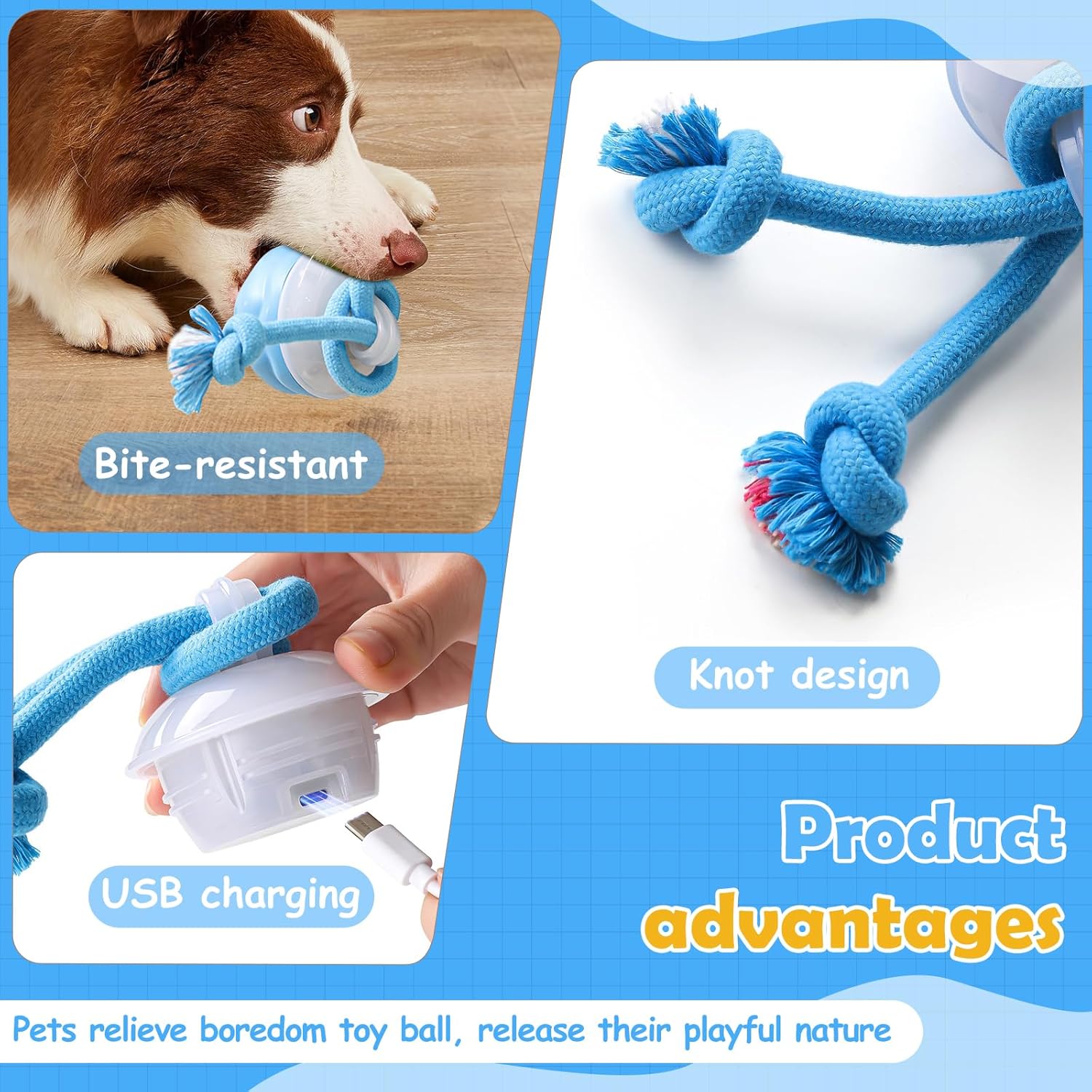 Interactive Dog Toys, Newly Upgraded Interactive Training Ball, Interactive Dog Ball for Medium/large Dogs, Automatic Moving Dogs Toy, USB Rechargeable Blue