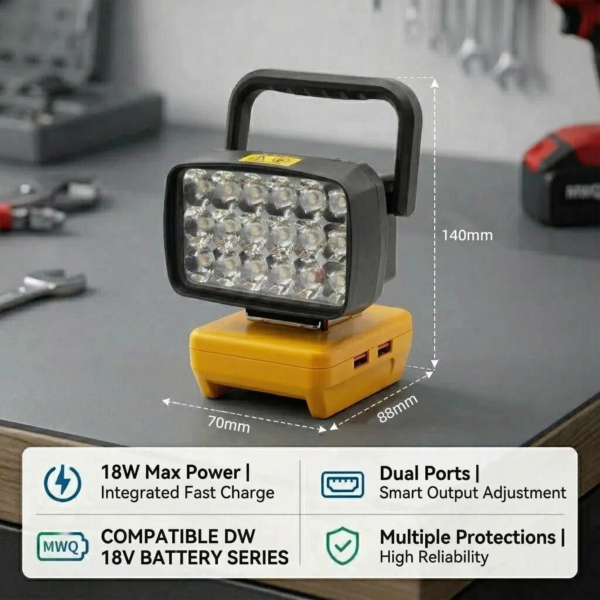 18 LED Work Light Spotlight USB Output, Compatible with Dewalt 18-20v Dcb200 Battery, Portable and Efficient Lighting Solution