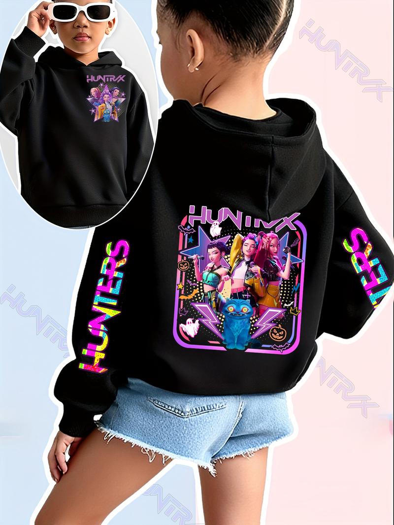 Girls' Kpop Demon Hunters Hoodie, Star Character & Cute Pet Print, Graphic Casual Hoodie, Casual Fitted Sweatshirt, Spring & Fall Elastic Fabric, Christmas Gift