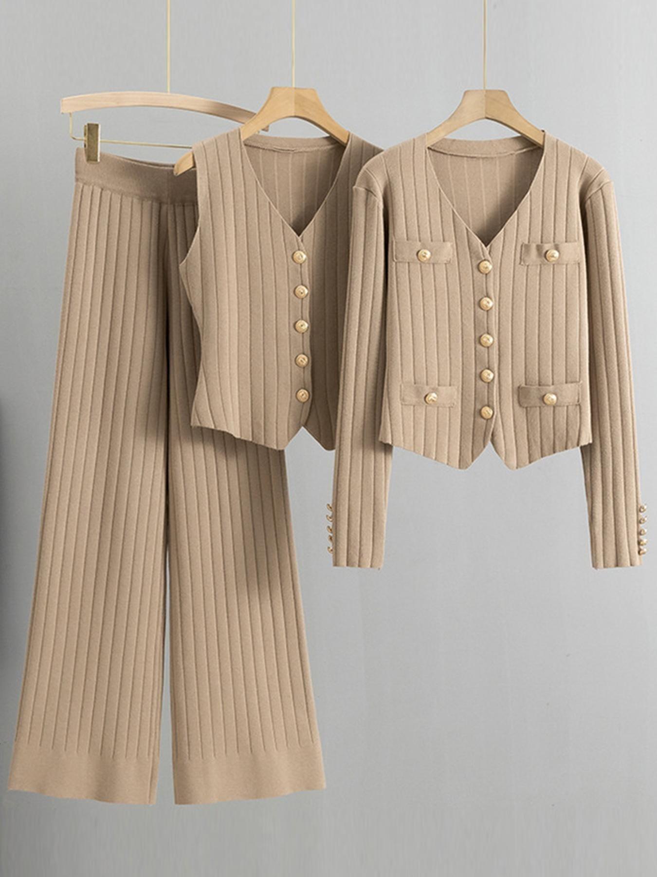 Women's Fall Winter Comfortable Soft Three-Piece Knit Set, V Neck Button Long Sleeve Cardigan & Sleeveless Vest, Elegant KnitikTokMadeMeBuyIt #CasualChic#MatchingSet