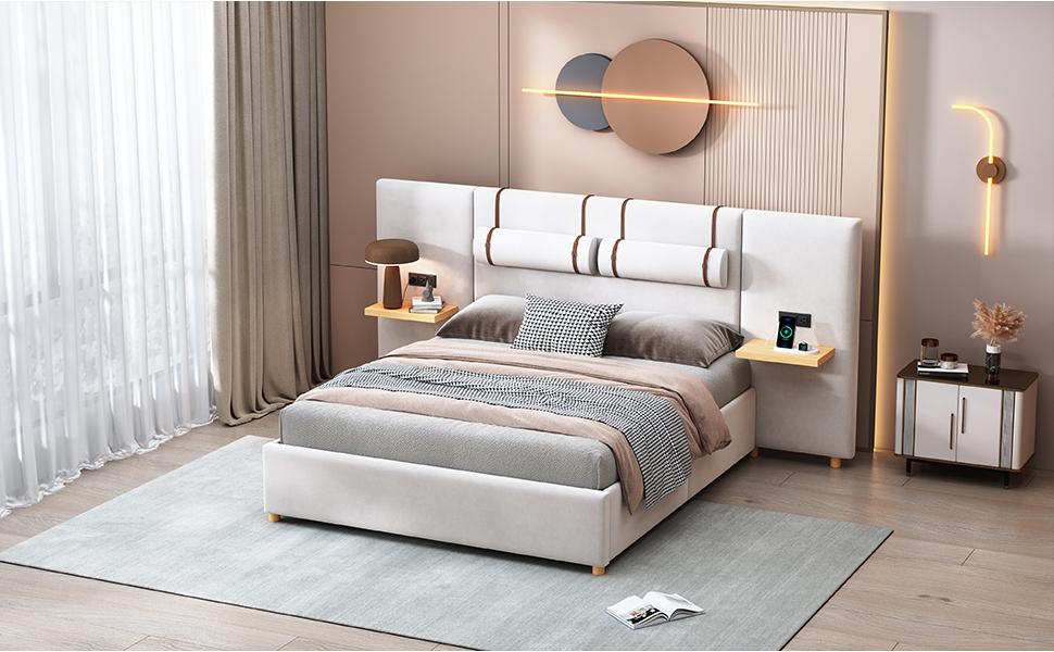 Bellemave Queen Size Upholstered Platform Bed with Two USB Charging Ports & Plush Headboard in Beige Velvet Fabric Includes Bedside Pillows & Storage Shelves