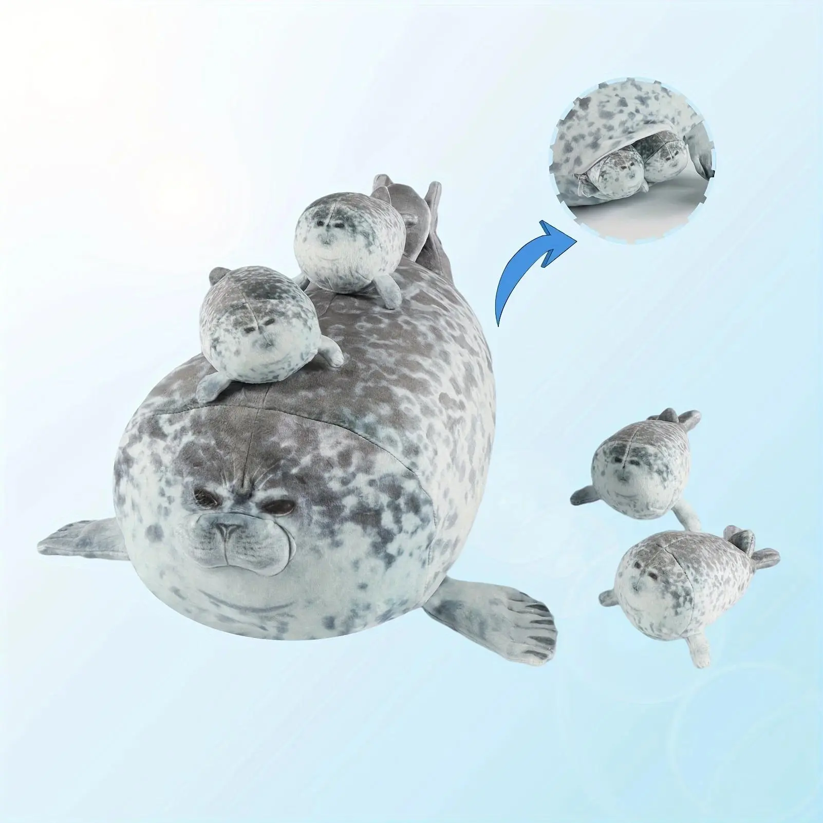 40cm Plush Blob Seal Pillow Mother with Four Kids Seal Chubby 3D Novelty Sea Lion Doll Stuffed Toy Pillow Gifts for Kids Girls