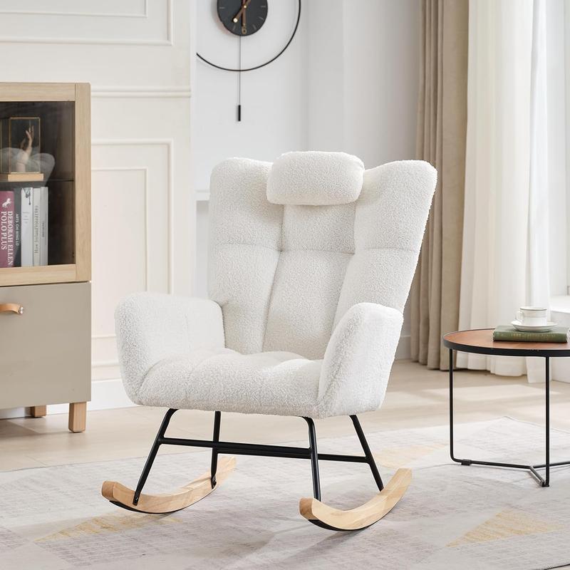 Nursery Rocking Chair, Teddy Upholstered Glider Rocker with Padded Seat and High Backrest, Comfy Accent Armchair for Baby Room or Living Room