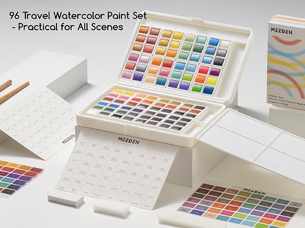 MEEDEN Art Watercolor Paint Set, 48/96 Vivid Colors in Portable Box, Detail Paint Brush Included, Gift