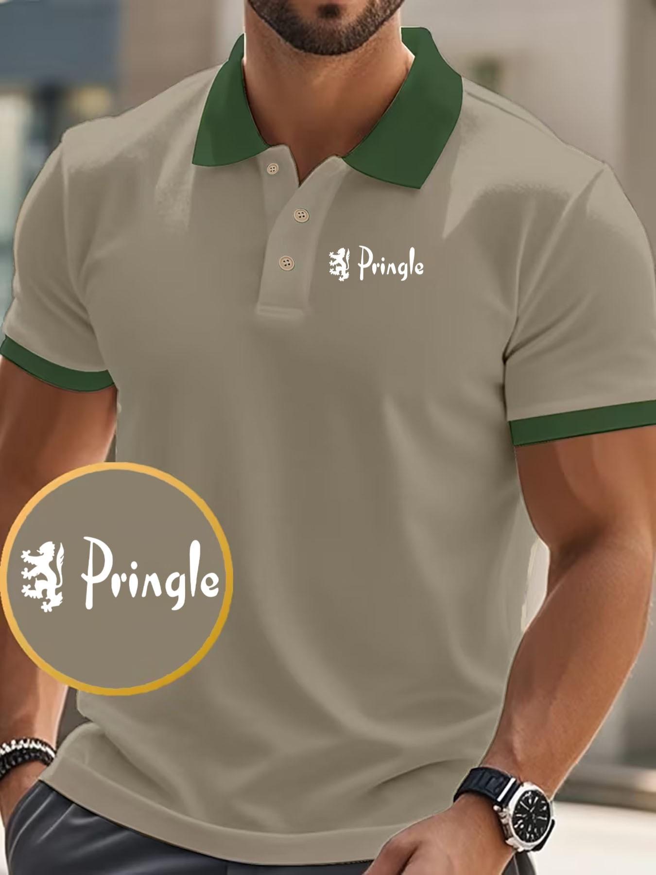Men's Pringle Scottish Lion Emblem Polo Shirt, Breathable Cotton Slim Fit, Casual Business Style, Ideal for Golf, Commute, Office