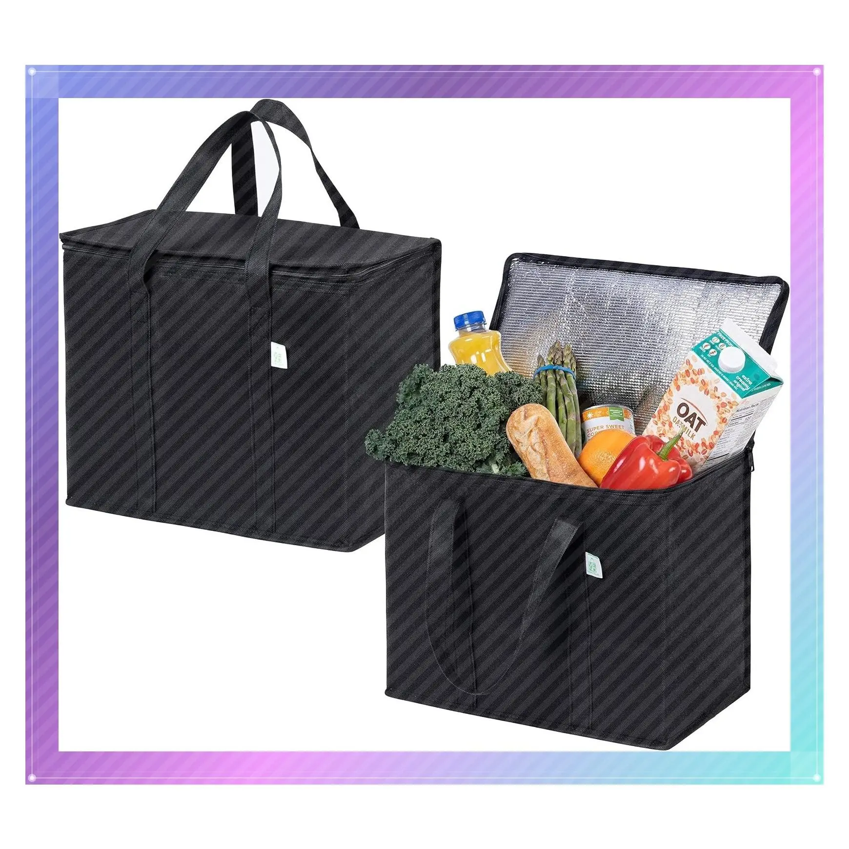 2 Pack Insulated Cooler Bags for Groceries - Heavy Duty Reusable Shopping Tote with Zippers, Collapsible, Foldable, Stands Upright, Ideal for Food Delivery and Camping, BlackGift