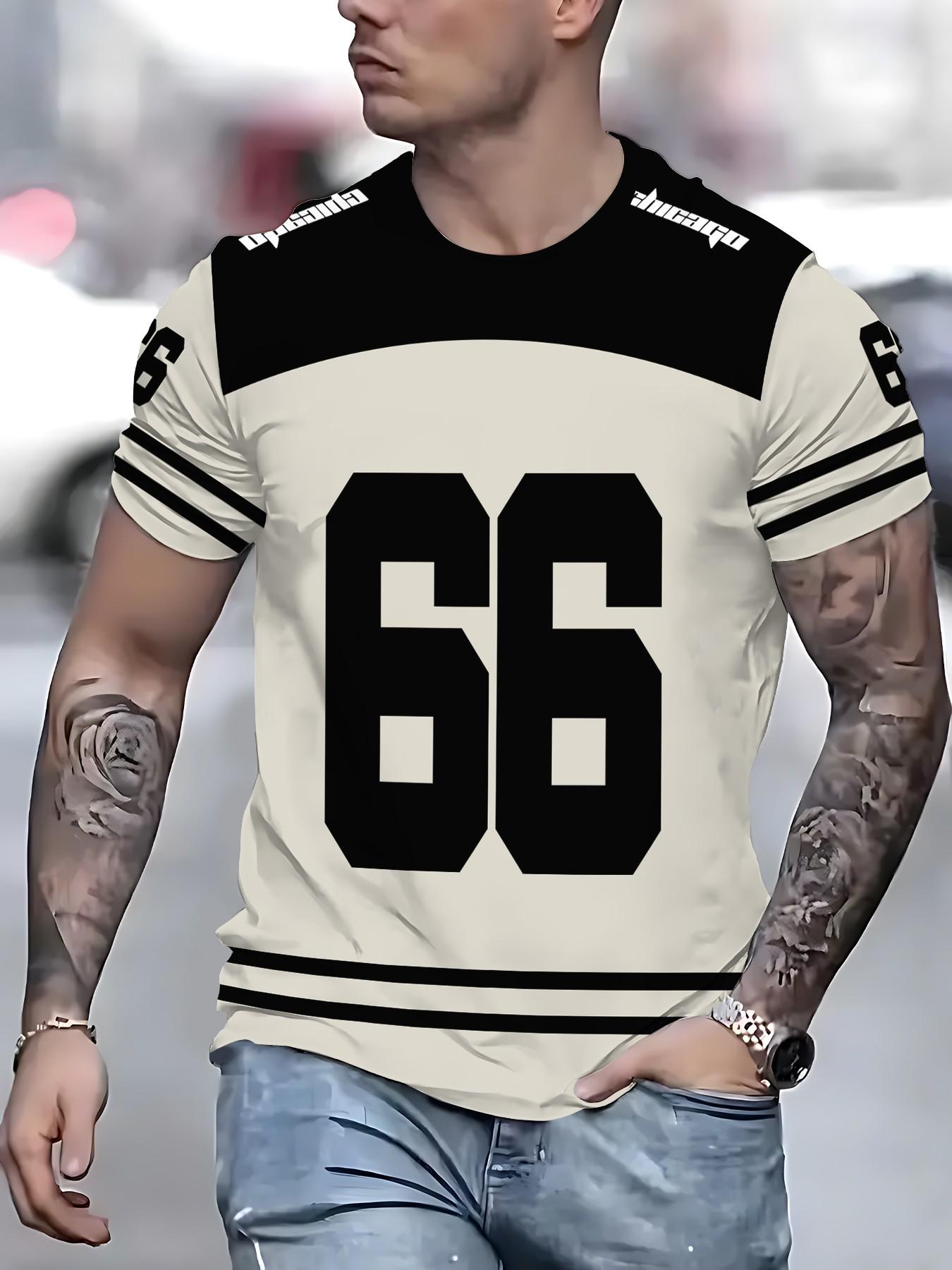 New Casual 3D Digital Print Round Neck T-Shirt, Comfortable Breathable Fabric, Sports Fitness, Number 66 Athletic Jersey