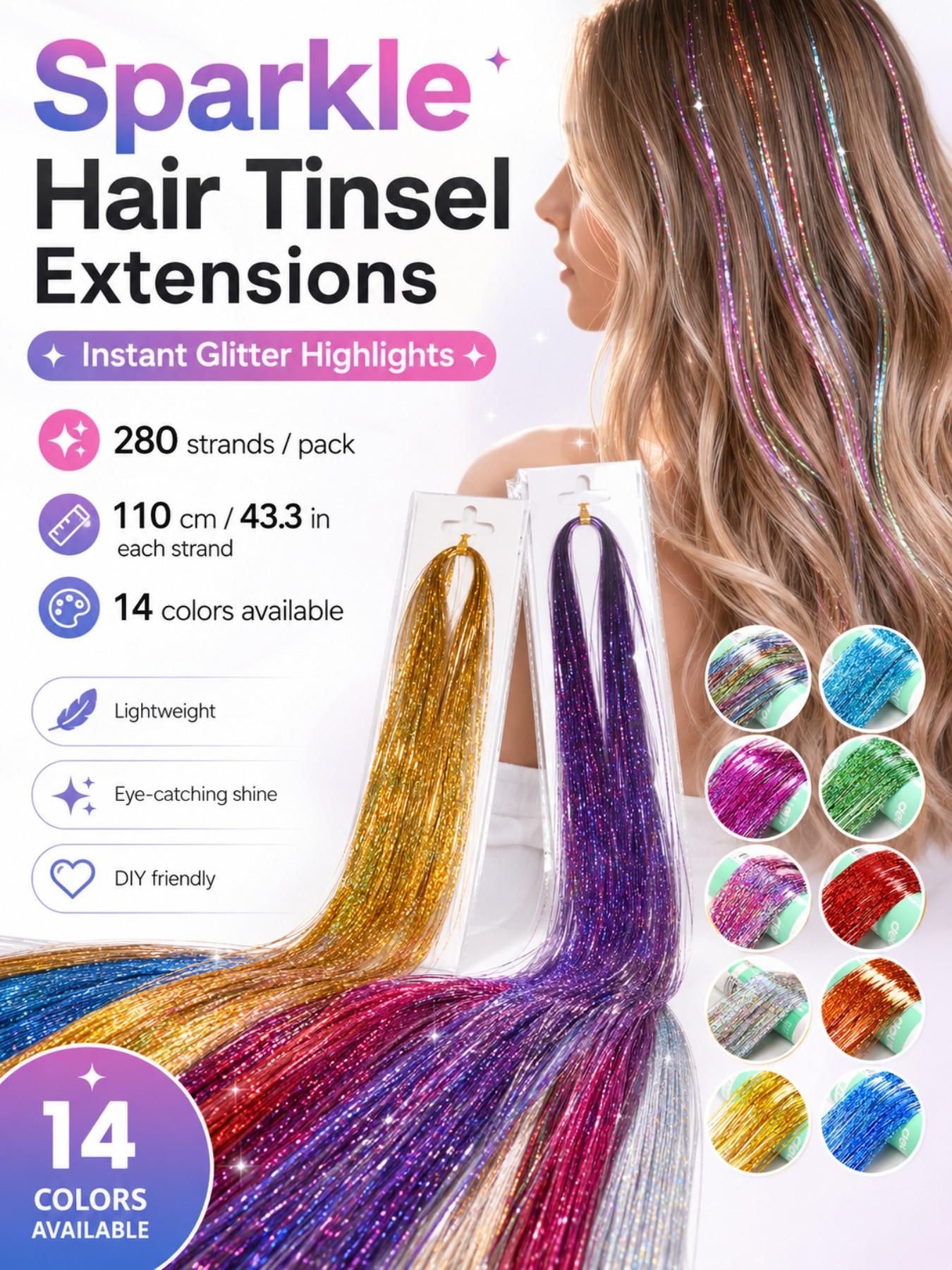 14pcs Glitter Colorful Clip On Hair Tinsel Kit,Synthetic Fiber Hair,20 Inch Clip In Hair Tinsel Extensions,Sparkle hair extensions,Clip-on Hair Pieces,clip in hair accessories,Cosplay Party Festival hair extensions