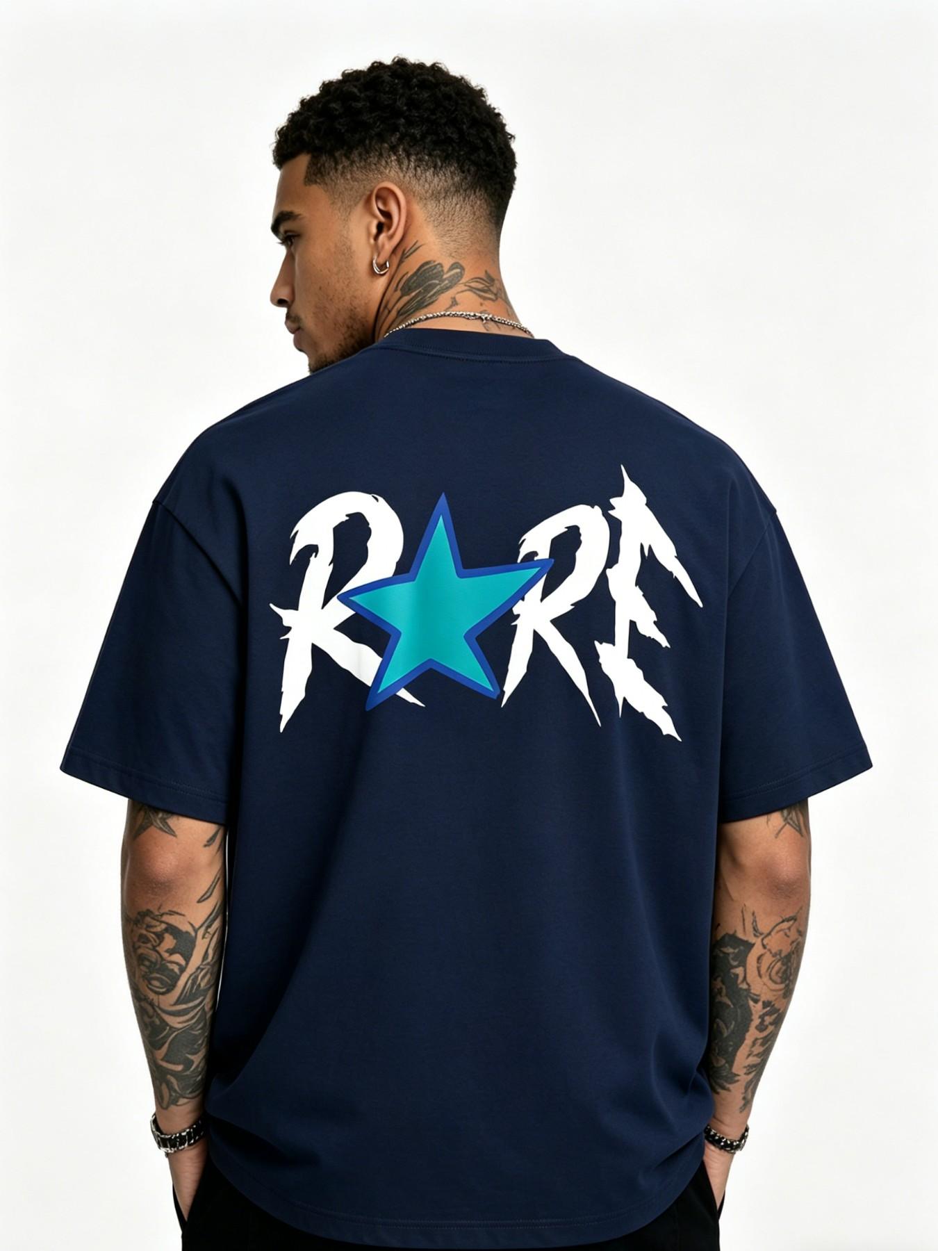 Men's Rare Star Print Cotton T-Shirt, Casual Loose-Fit Short Sleeve, Streetwear Fashion, Long Length, No Zipper or Button, Letters Pattern