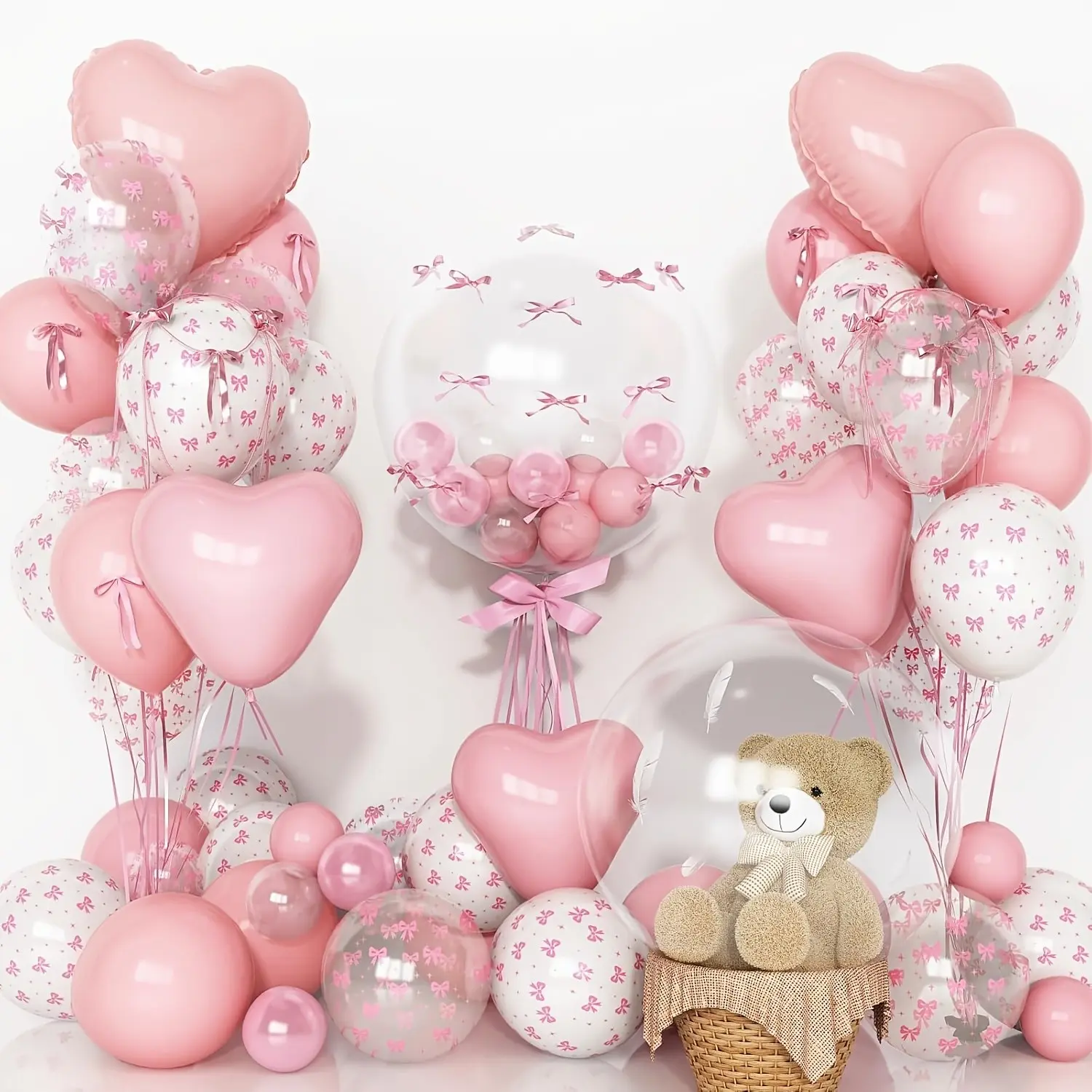 34pcs and Balloon Set with 20-Inch Heart Foil Balloons and Transparent Butterfly Knot Latex Balloons for Wedding Birthday Baby Shower Party Decorations, Helium Filled