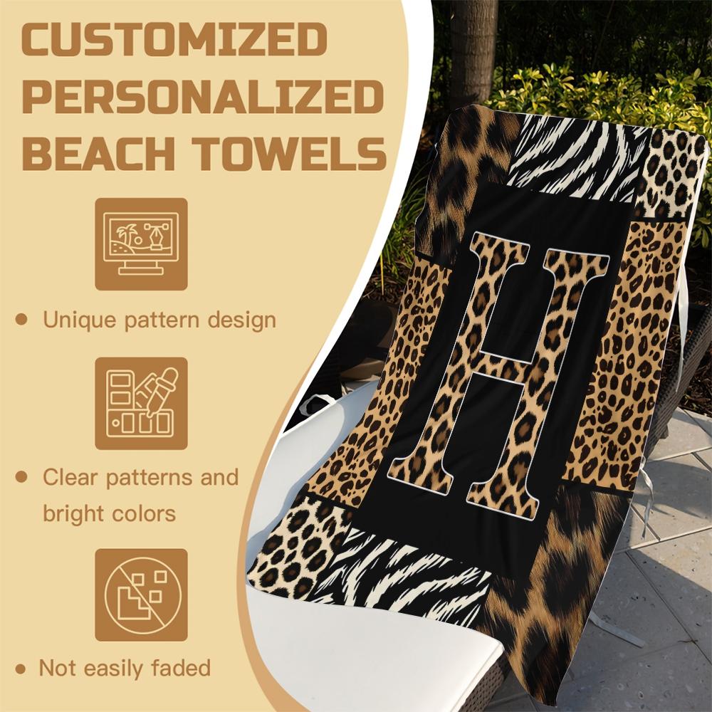 Animal Print Monogram Beach Towel, Leopard Zebra Tiger Initial Microfiber Quick Dry Sand Free Towel, Gift for Animal Lovers