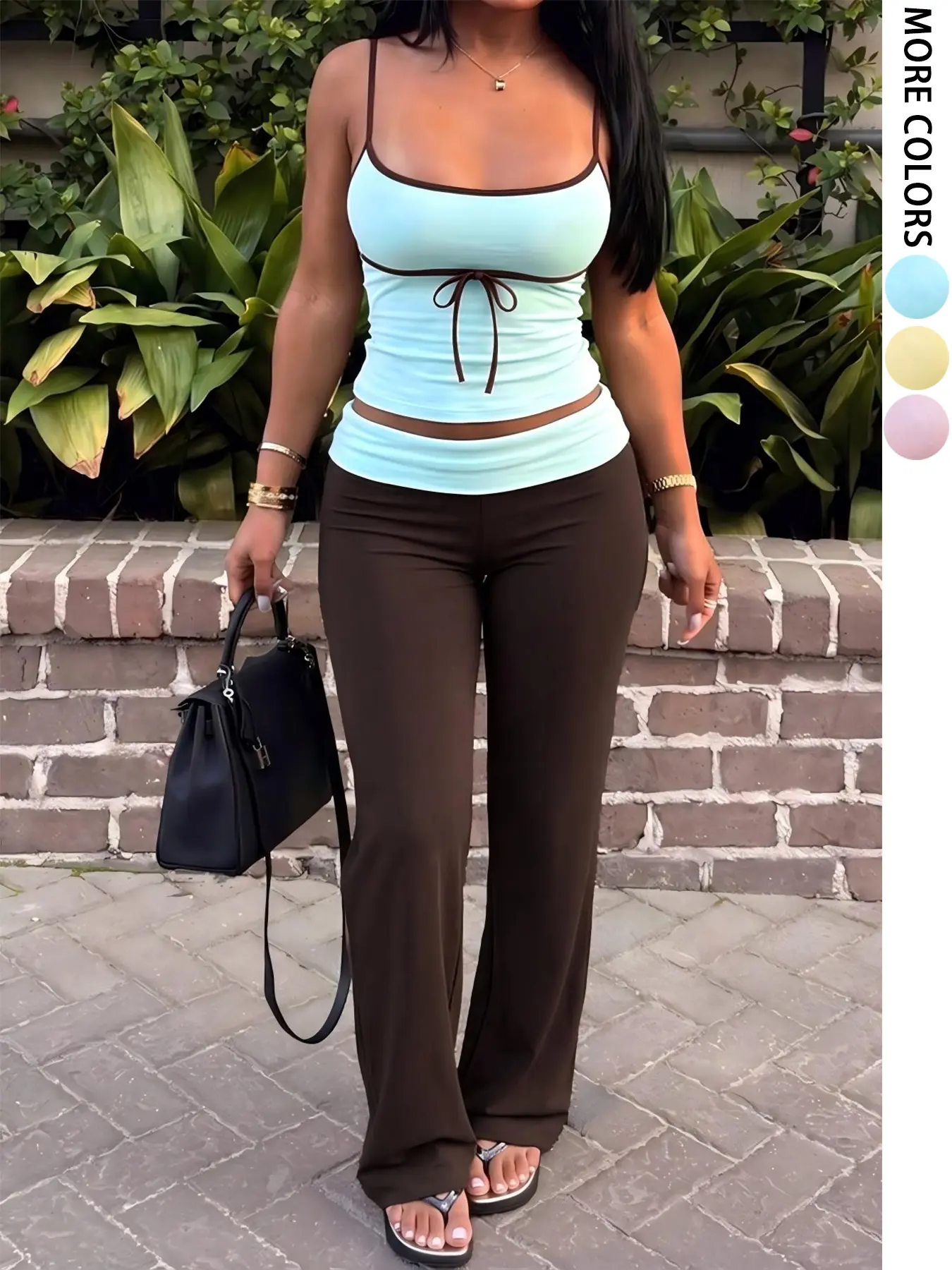 Two-Piece Set, Colorblock Trimmed Camisole Top + Folded Waist Bell Bottoms, Y2K Style, Women's Casual Streetwear Ensemble, Clothes