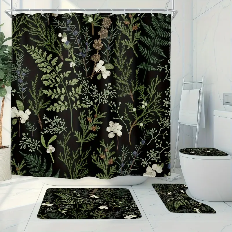 4pcs Vintage Farmhouse Sage Green Fern Leaf Shower Curtain Set – Plant Leaf Pattern, Includes 12 Hooks, Non-Slip Mat, U-Shaped Mat & Toilet Cover, Bathroom Decor