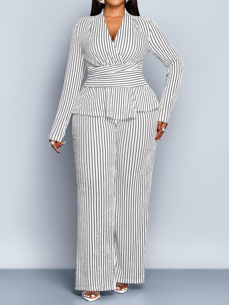 Women's Striped Two-Piece Set, Elegant Fall & Winter, Deep V-Neck Long Sleeve Top, High-Waisted Wide-Leg Pants, Plus Size