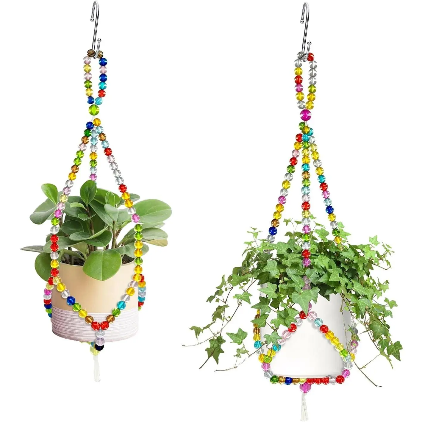 2-Pack Macrame Plant Hanger Sets with 2 Hooks, 17.9in-16.7in Bead Designs for Hang Plants, Indoor Outd. Bohemian Home Decor