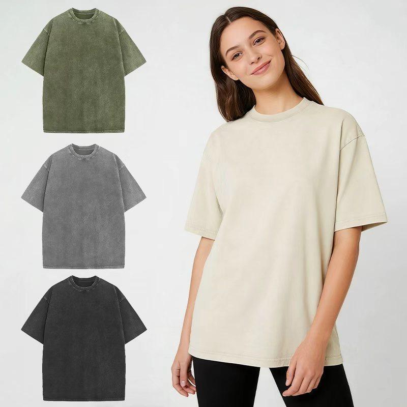 Heavyweight 100% Cotton Crew Neck T-Shirts 1/3 Pack, Unisex Short Sleeve Vintage Acid Washed Basic Tees, Casual Streetwear Summer Tops