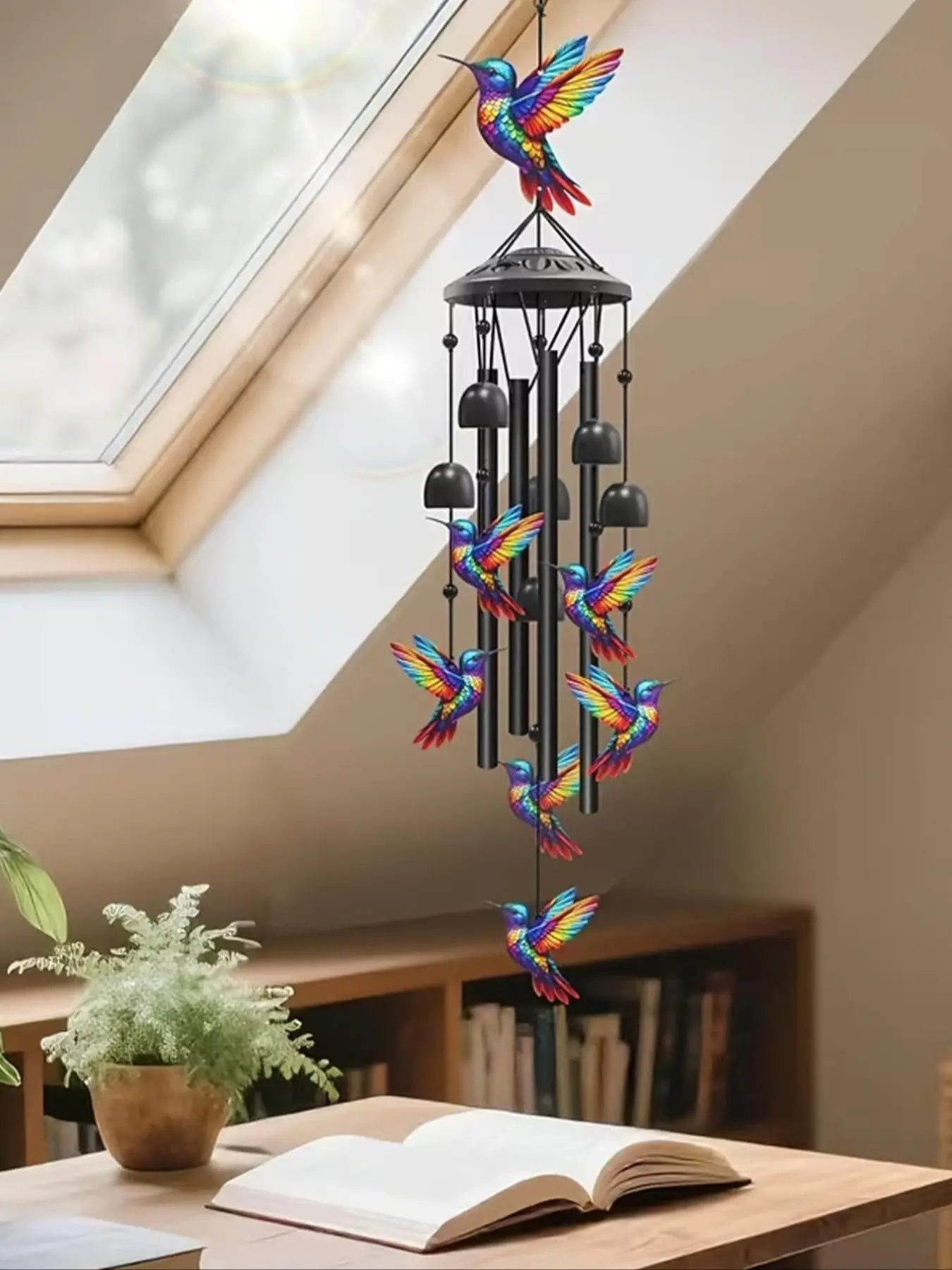 36-Inch Outdoor Hummingbird Wind Chime, Metal Garden Pavilion Decoration, Durable, Gift for Men Women, with Greeting Card