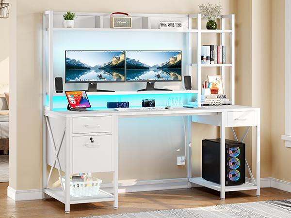 Yitahome Computer Desk with Drawers & Hutch, 59.1" Office Desk with LED Lights & Power Outlets, Gaming Desk with Monitor Stand & Storage Shelves