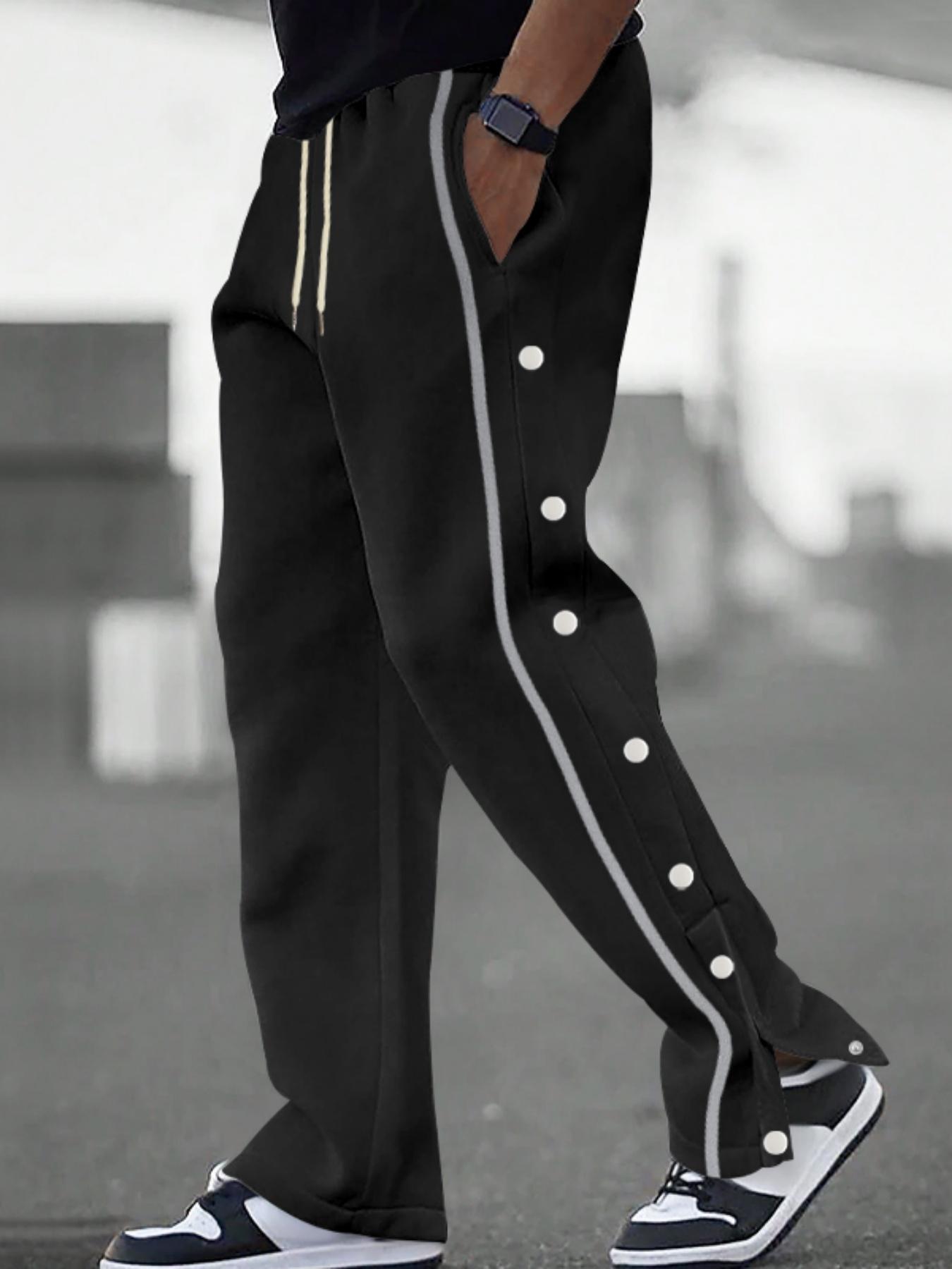 Men's Front Button Jogger Pants, Drop-Crotch Loose Straight Leg  Thickened Fleece Lining Sweatpants , Drawstring Waistband and Pockets, Street Hip Hop Gym Wear, Wide Leg Sweatpants