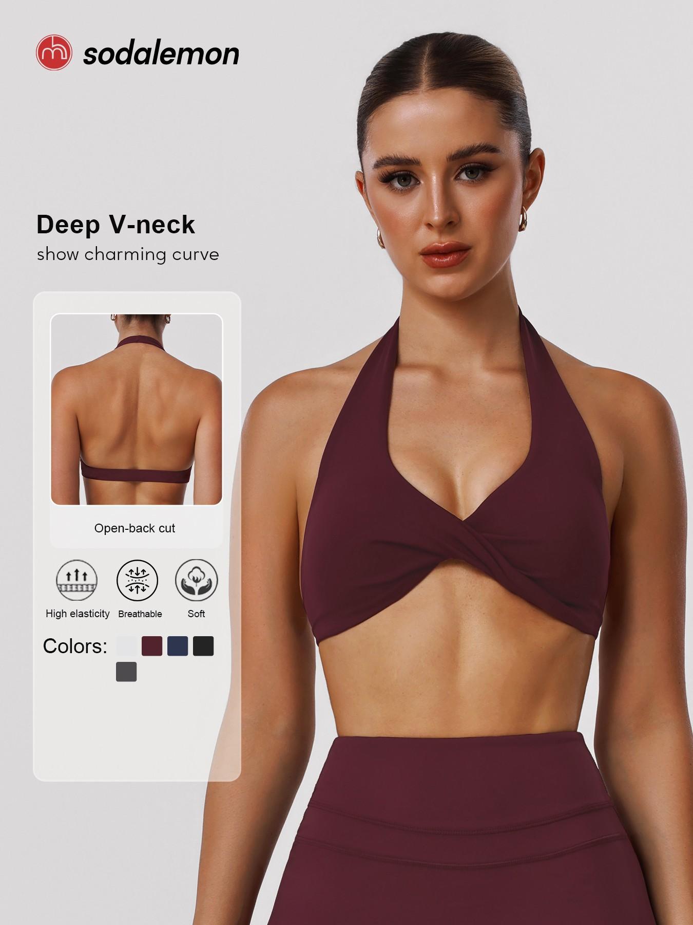 Sodalemon Women's Backless Sports Bra Tank Top, Elastic Strap Design, Wireless Comfortable Yoga Short Sleeve Shirt, All Season Casual Wear, Yoga Workout Activewear, Yoga Gym Activewear