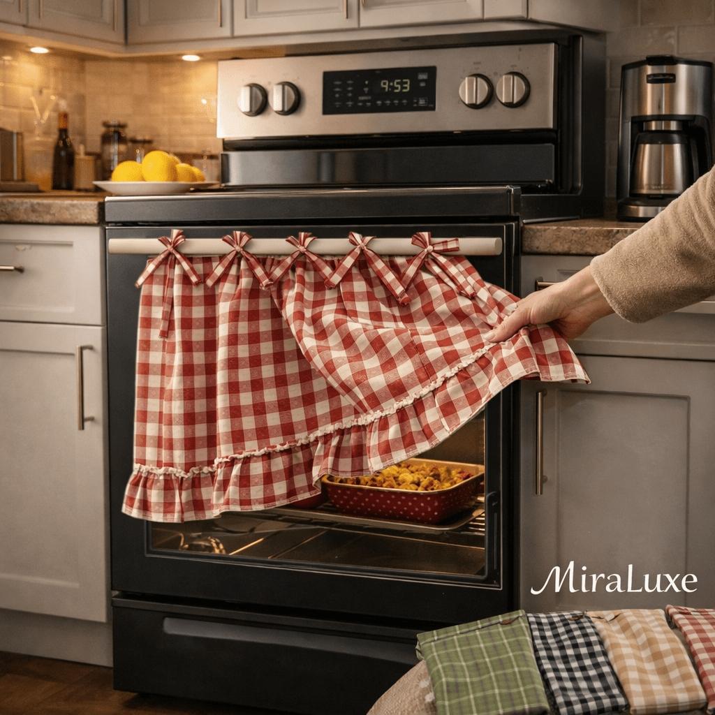 Farmhouse Style Oven Skirt Curtain, Grid Design with Ruffle Edge Strap Cabinet Cover - Suitable for Rural Kitchen Decoration, Oven Stove Cover Curtain, Cabinet Cover Panel, Home Kitchen Rural Style Apron, Durable Cover