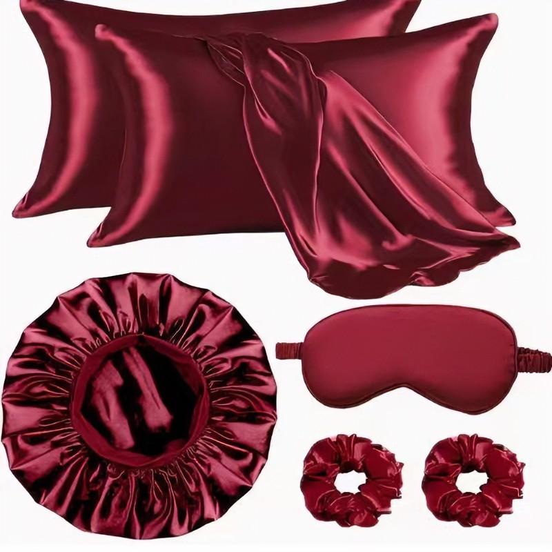 Silk Hair Care Set, 6-Piece Kit (pillowcase + Sleep Cap + Eye Mask + Headband), Anti-Tangle, No Heat Styling, Wide Brim Sleep Cap, Women's Bath Hat