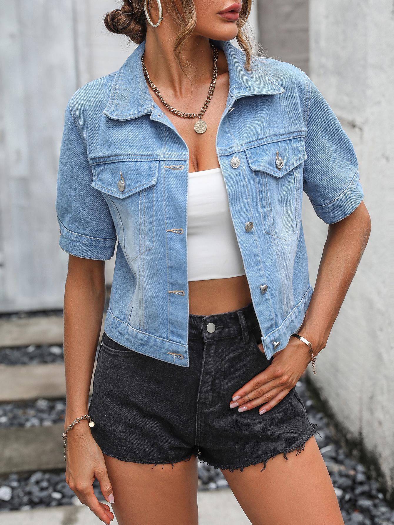 Women's Classic Short Sleeve Denim Jacket, Casual Single Button Short Denim Collar Top, Summer Outerwear, Loose-Fitting
