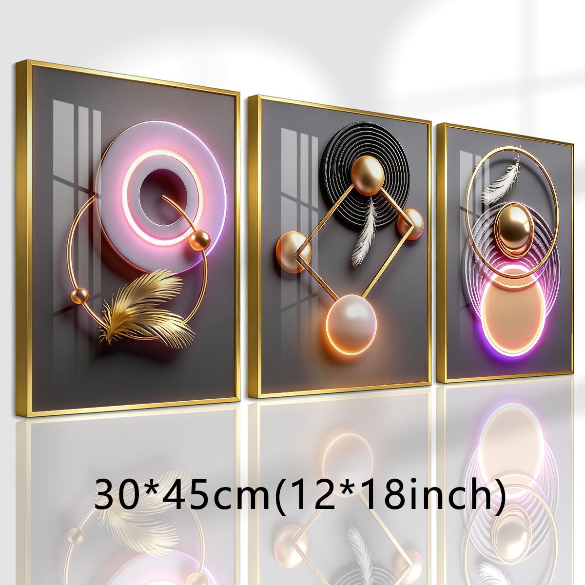 3 Counts Aluminum Alloy Framed Painting, Modern Geometric Feather Art Pictures, Home Decoration For Living Room, Bedroom, Office, Restaurant, Hallway Wall Decor, Odorless Print Artwork, Luxury Perfect Gift For Friends And Family