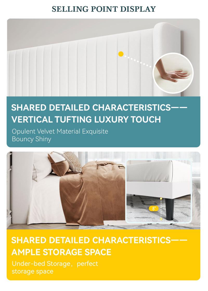 HOOMIC Modern Velvet Upholstered Platform Bed Frame【Frame Only No Mattress】Vertical Channel Tufted Wingback Headboard with Wooden Slat Platform,No Box Spring Needed,Twin/Full/Queen/King