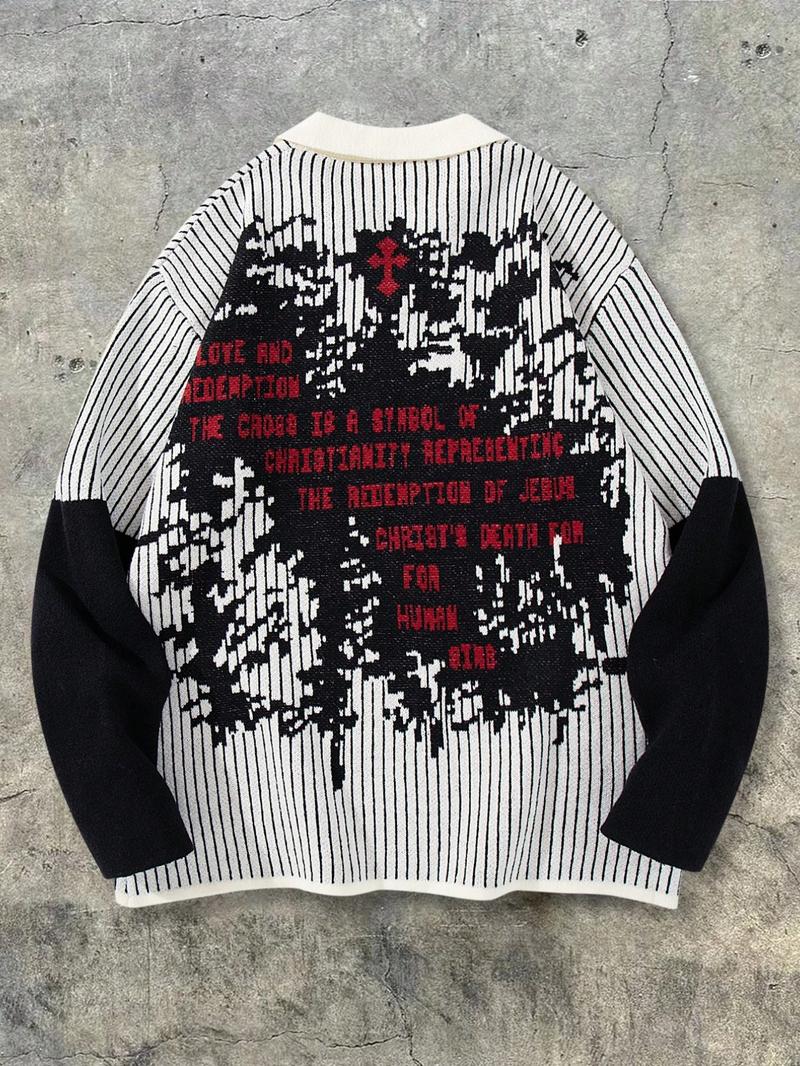 Men's Spring Autumn Winter New Fashion Colorblock Striped Gothic Style Mock Neck Pullover Sweater, Loose Fit Knit Two-Piece Top