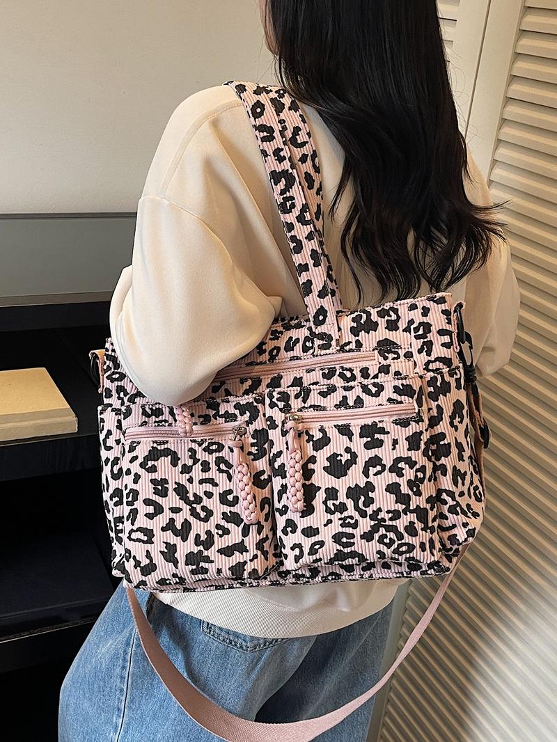 Retro leopard print fashionable shoulder bag, niche minimalist casual shoulder bag, personalized lazy leopard print multi pocket design, practical clown, suitable for students' daily commuting and shopping, Crossbody Tote Bag