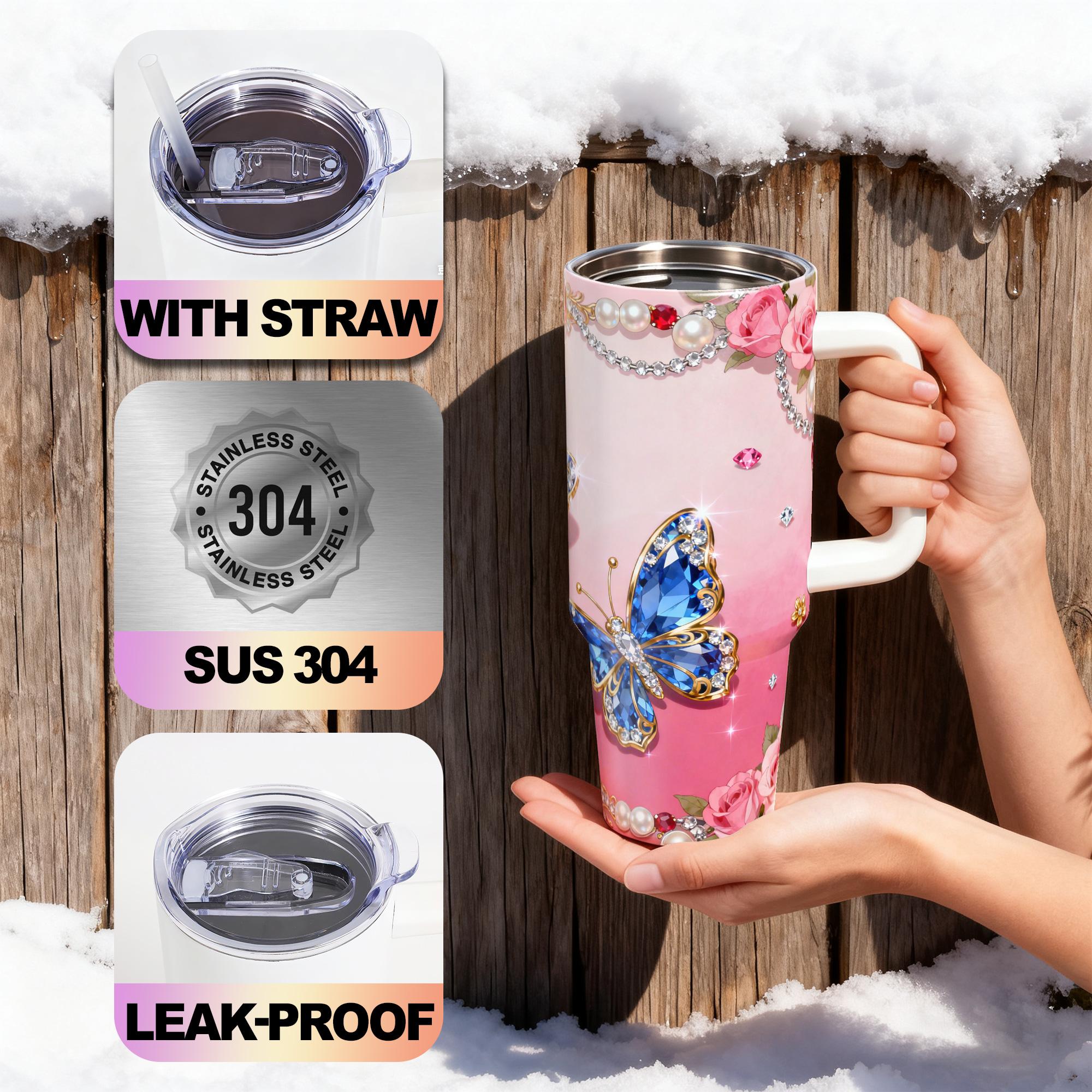 1pc, 40oz/30oz/20oz/14oz Stainless Steel Cup Insulated Water Cup Blue Gem Butterfly & Rose Adorned Double Wall Vacuum Insulated Cup, Leakproof Lid & Carry Handle Travel Mug Insulated Tumbler for Outdoor Camping Hiking, Gift for Dad