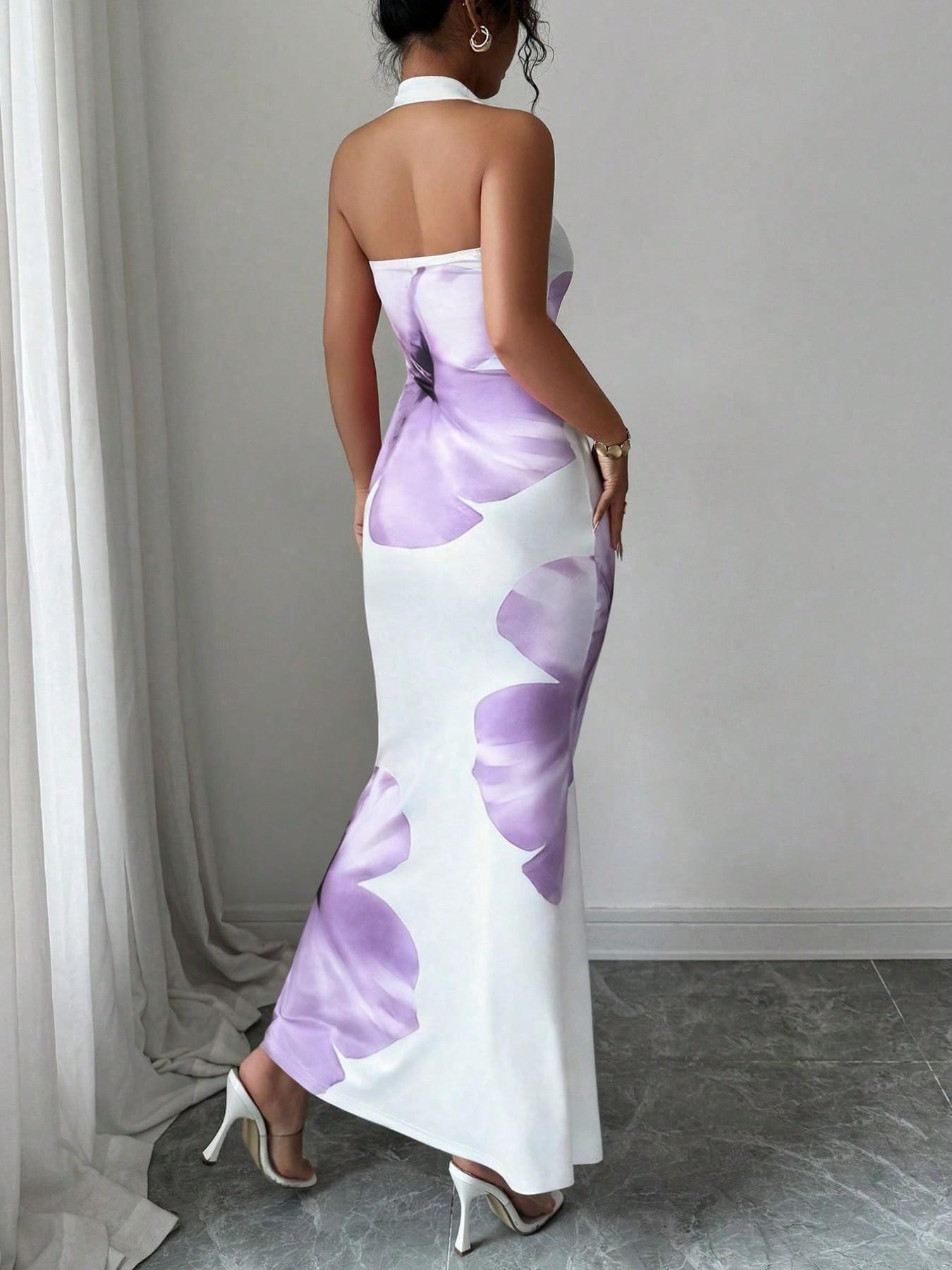 Women's Printed Halter Neck Sleeveless Slim Fit Dress, Bodycon Party Gown, Elegant and Stylish Design, Perfect for Formal Special Occasions, High-Quality Material, Dresses For Party