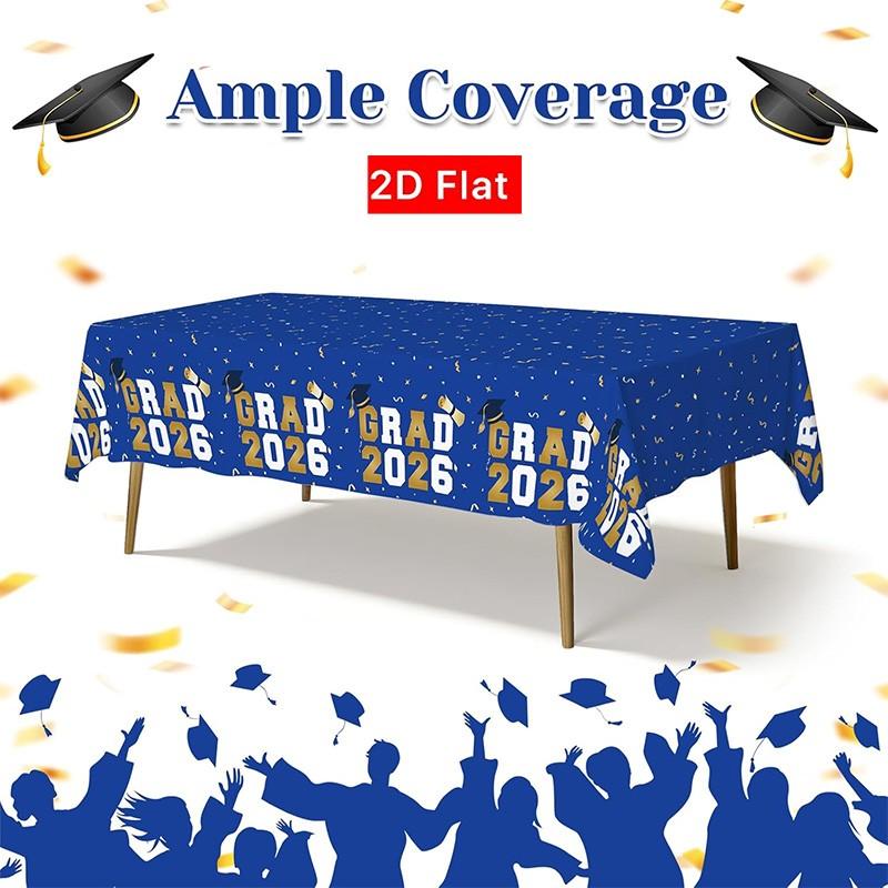 2D Flat Party Tablecloth 1pc, Graduation Ceremony Tablecloth, Grad 2026 Blue Text, Essential Decoration, No Power Needed