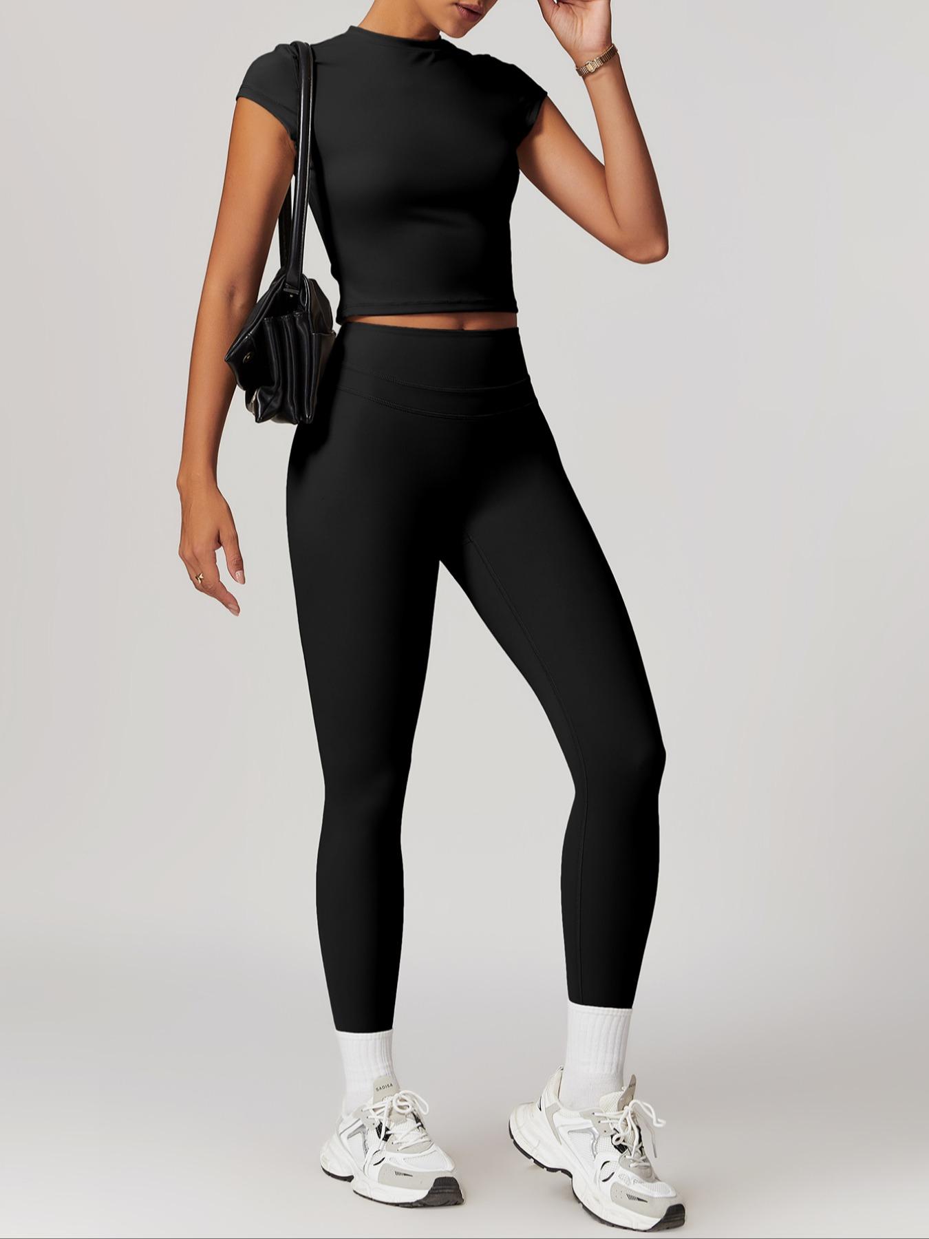 Women's Sportswear Two-Piece Set, Autumn Outdoor Fitness Running Top & High-Waisted Pants, Solid Color Short Sleeve Yoga, Yoga Tracksuit Set