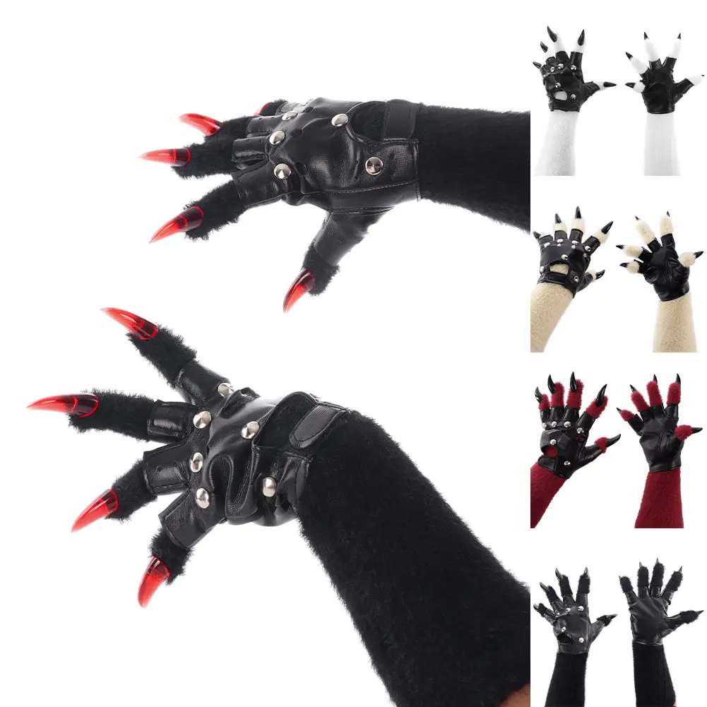 New plush animal paw gloves soft warm furry cosplay accessories handmade punk leather style gloves for halloween party costume props daily wear fashion gifts