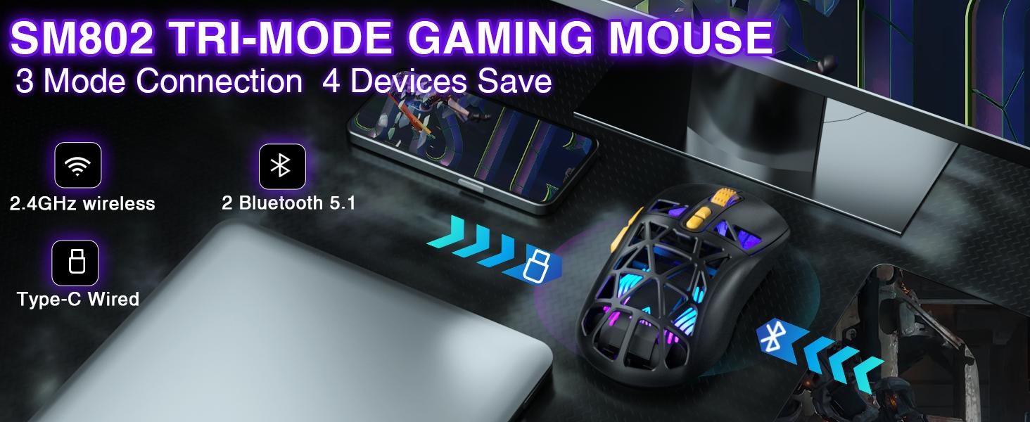 Solakaka SM802 Wireless Gaming Mouse Hot Swappable, RGB Backlight, USB Charging, Tri-Mode Connection, with 2 Sets of Micro Switches (Gaming Switch and Office Silent Switch) Office Gaming Accessories Mouse Gaming FallFreshness Solakaka SM802 Wireless Gaming Mouse Hot Swappable, RGB Backlight, USB Charging, Tri-Mode Connection, with 2 Sets of Micro Switches (Gaming Switch and Office Silent Switch) Office Gaming Accessories Mouse Gaming FallFreshness